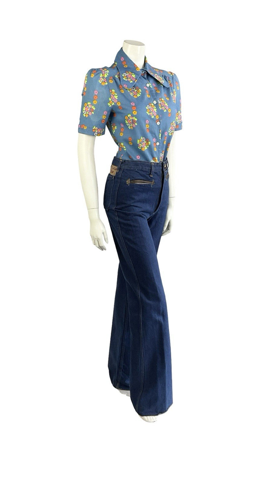 VTG 60S 70S BLUE PINK GREEN ORANGE PSYCHEDELIC FLORAL DOG EAR COLLAR MOD SHIRT 8