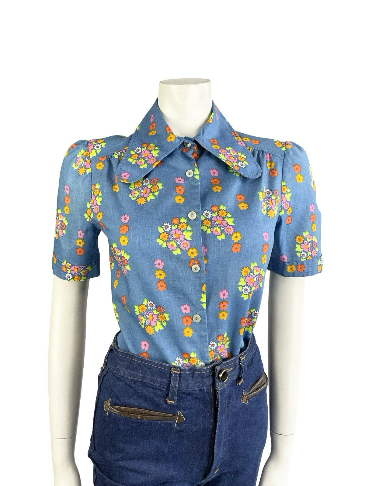VTG 60S 70S BLUE PINK GREEN ORANGE PSYCHEDELIC FLORAL DOG EAR COLLAR MOD SHIRT 8