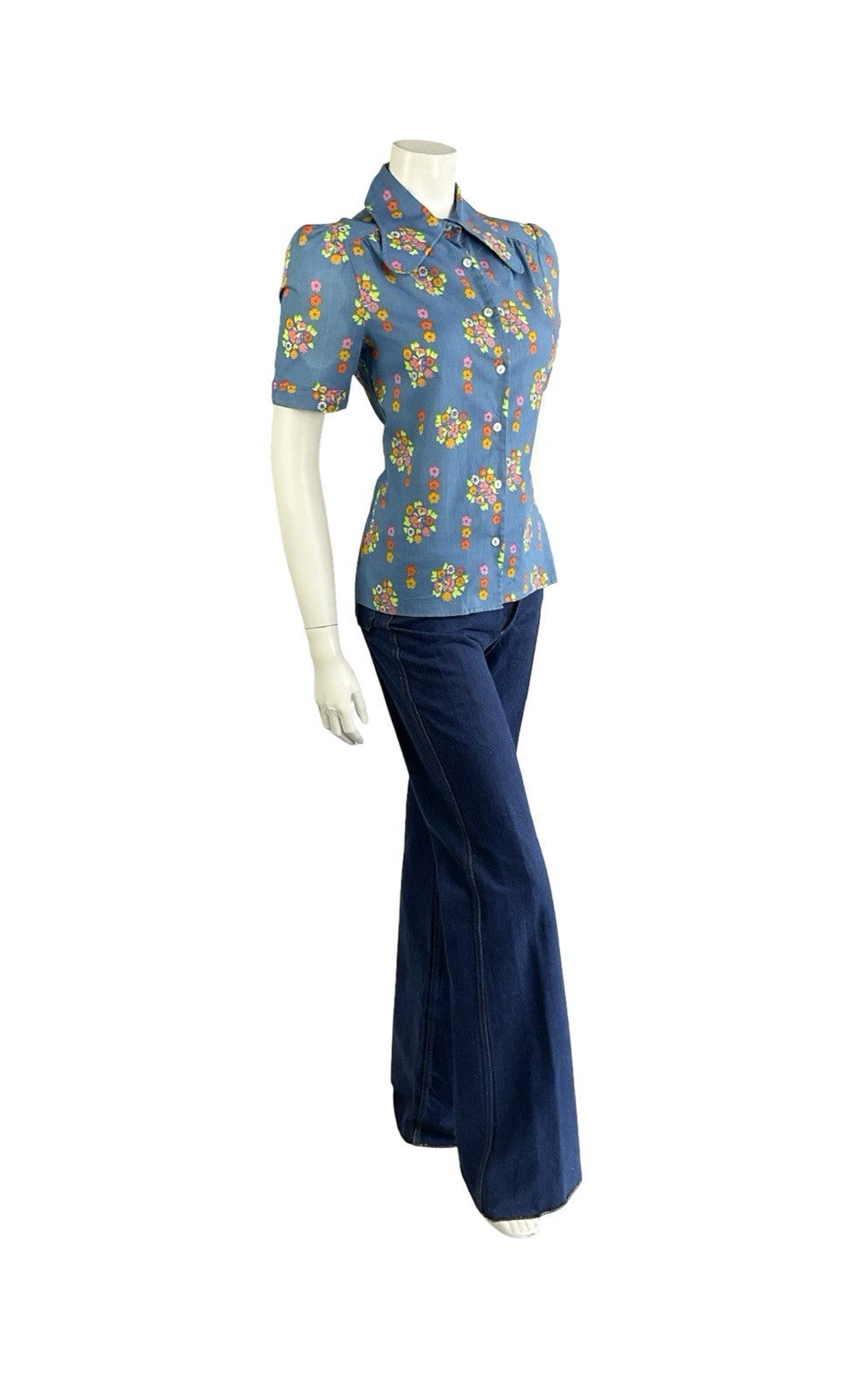 VTG 60S 70S BLUE PINK GREEN ORANGE PSYCHEDELIC FLORAL DOG EAR COLLAR MOD SHIRT 8