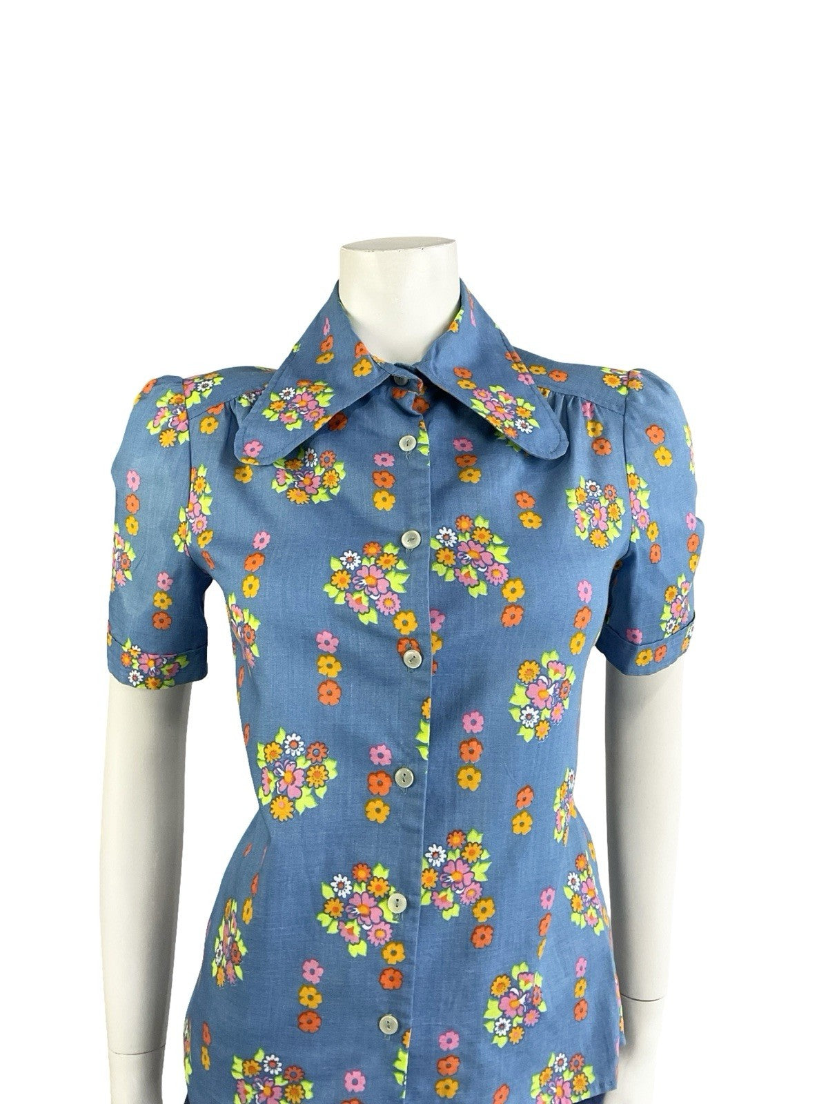 VTG 60S 70S BLUE PINK GREEN ORANGE PSYCHEDELIC FLORAL DOG EAR COLLAR MOD SHIRT 8