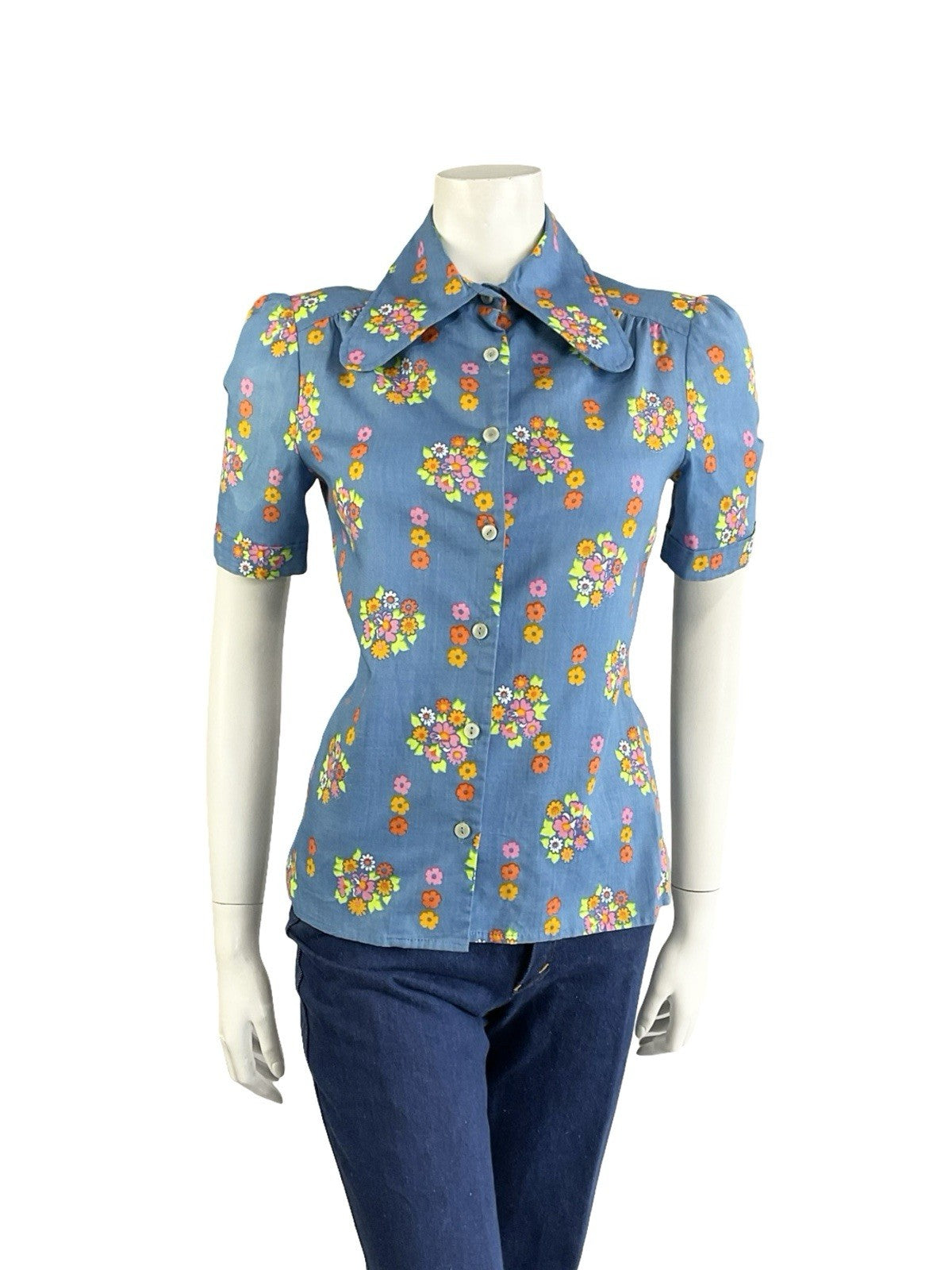 VTG 60S 70S BLUE PINK GREEN ORANGE PSYCHEDELIC FLORAL DOG EAR COLLAR MOD SHIRT 8