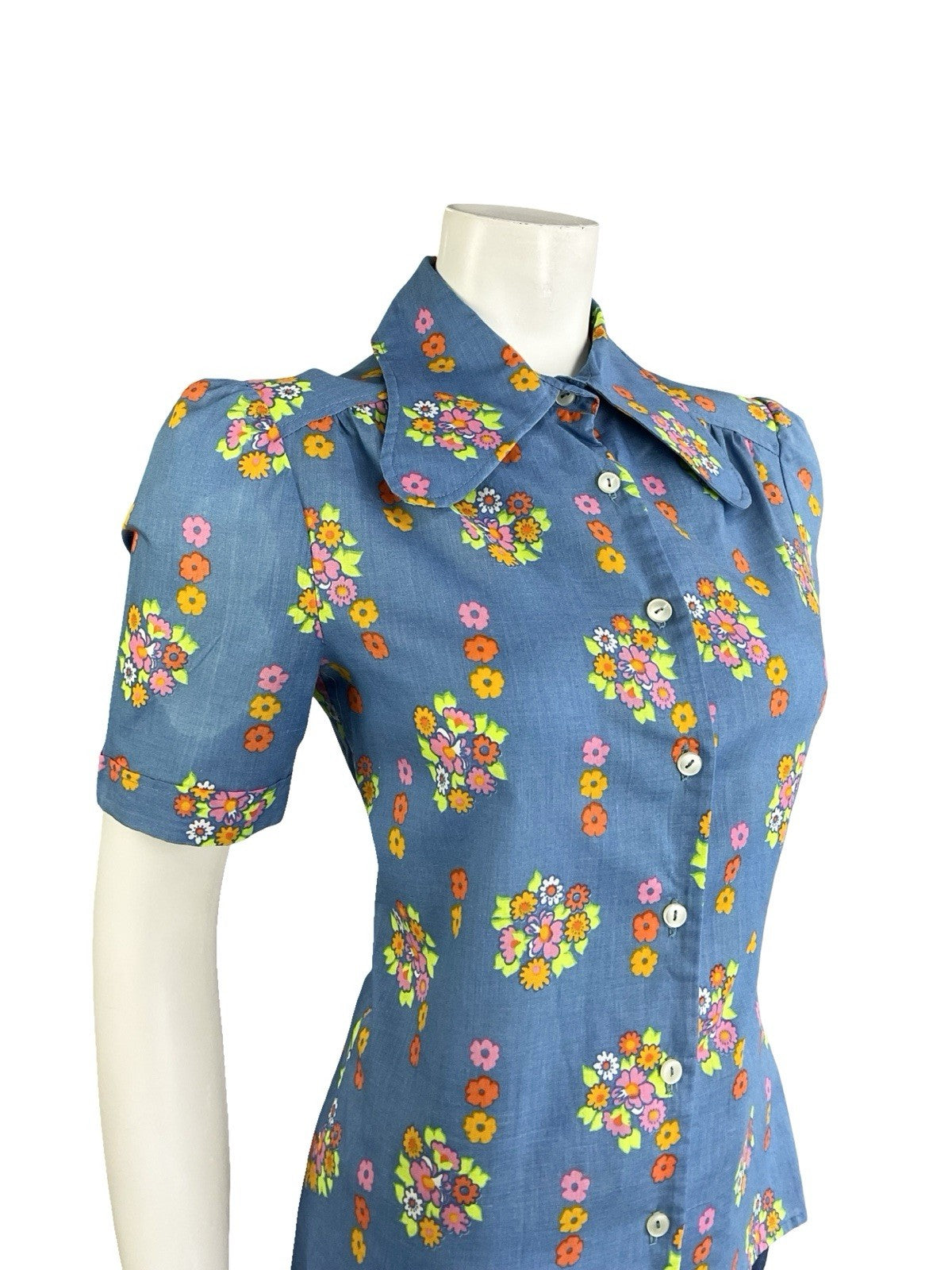 VTG 60S 70S BLUE PINK GREEN ORANGE PSYCHEDELIC FLORAL DOG EAR COLLAR MOD SHIRT 8