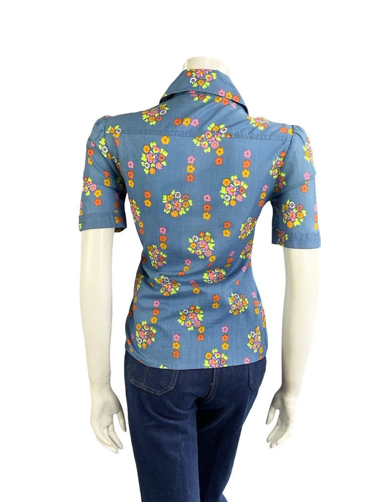VTG 60S 70S BLUE PINK GREEN ORANGE PSYCHEDELIC FLORAL DOG EAR COLLAR MOD SHIRT 8