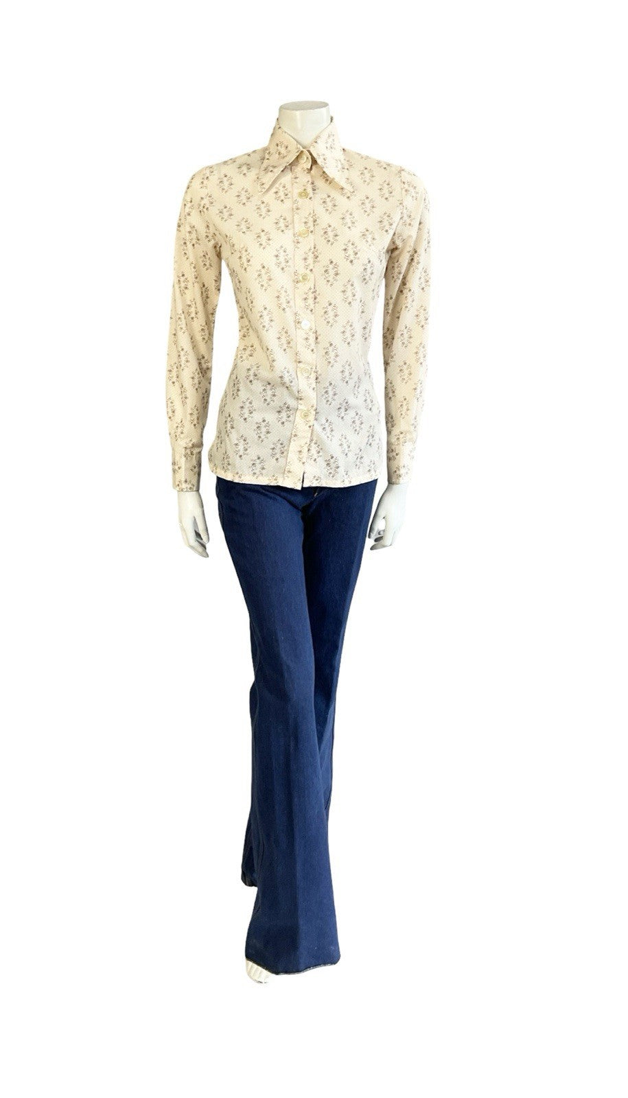 VTG 60S 70S MOD CREAM BROWN PSYCHEDELIC POLKA DOT DAGGER COLLAR SHIRT 8 S