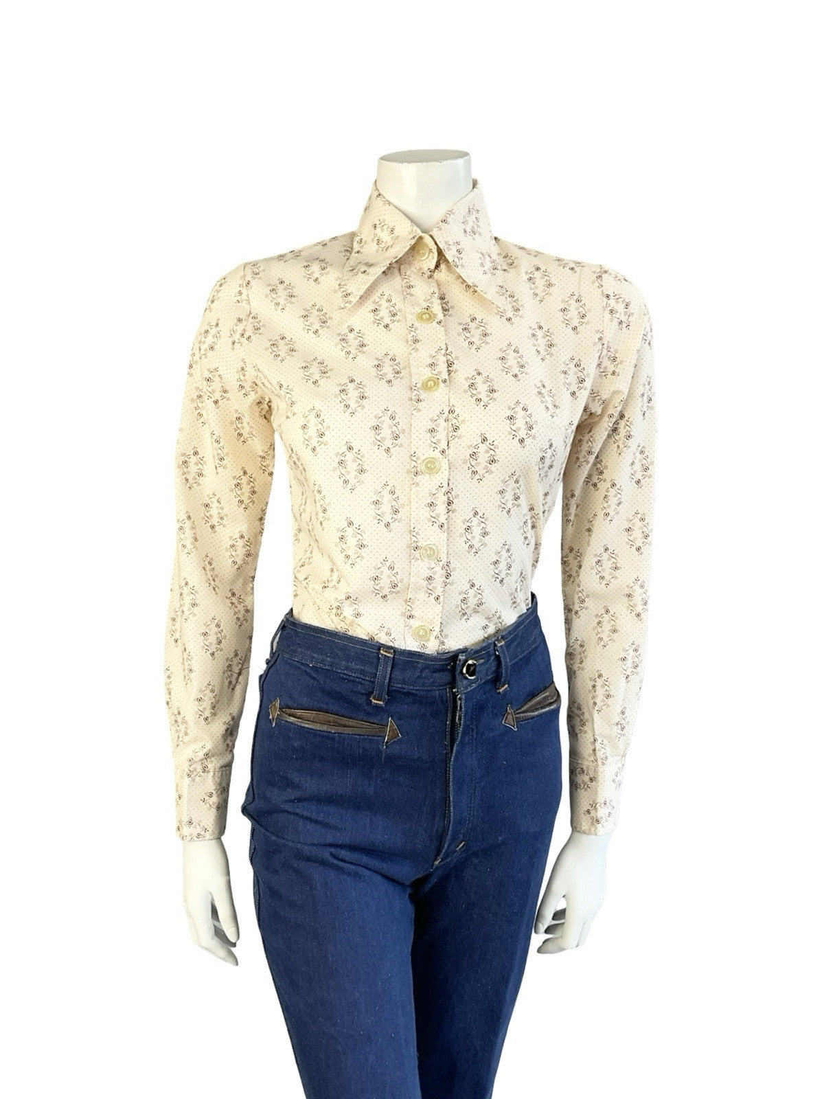 VTG 60S 70S MOD CREAM BROWN PSYCHEDELIC POLKA DOT DAGGER COLLAR SHIRT 8 S