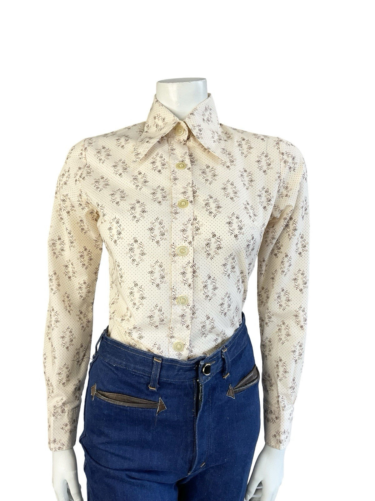VTG 60S 70S MOD CREAM BROWN PSYCHEDELIC POLKA DOT DAGGER COLLAR SHIRT 8 S