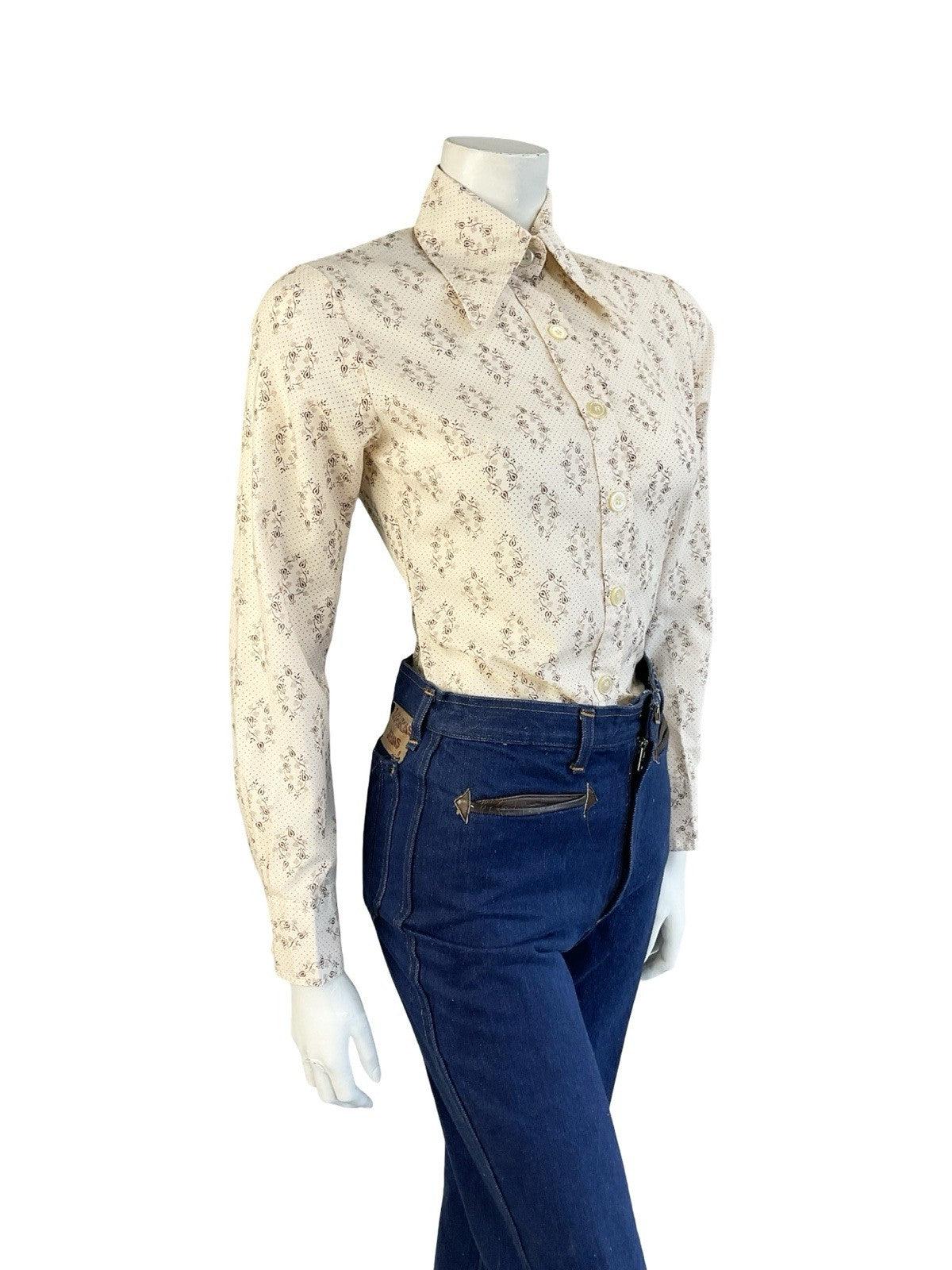 VTG 60S 70S MOD CREAM BROWN PSYCHEDELIC POLKA DOT DAGGER COLLAR SHIRT 8 S