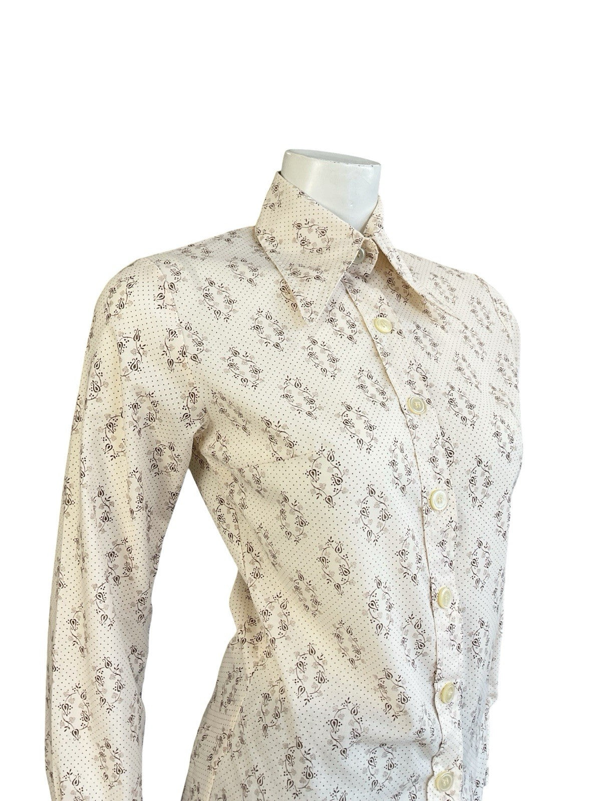 VTG 60S 70S MOD CREAM BROWN PSYCHEDELIC POLKA DOT DAGGER COLLAR SHIRT 8 S