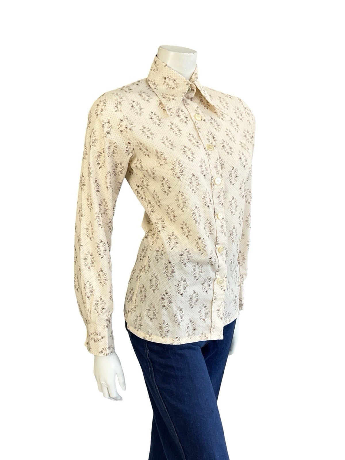 VTG 60S 70S MOD CREAM BROWN PSYCHEDELIC POLKA DOT DAGGER COLLAR SHIRT 8 S