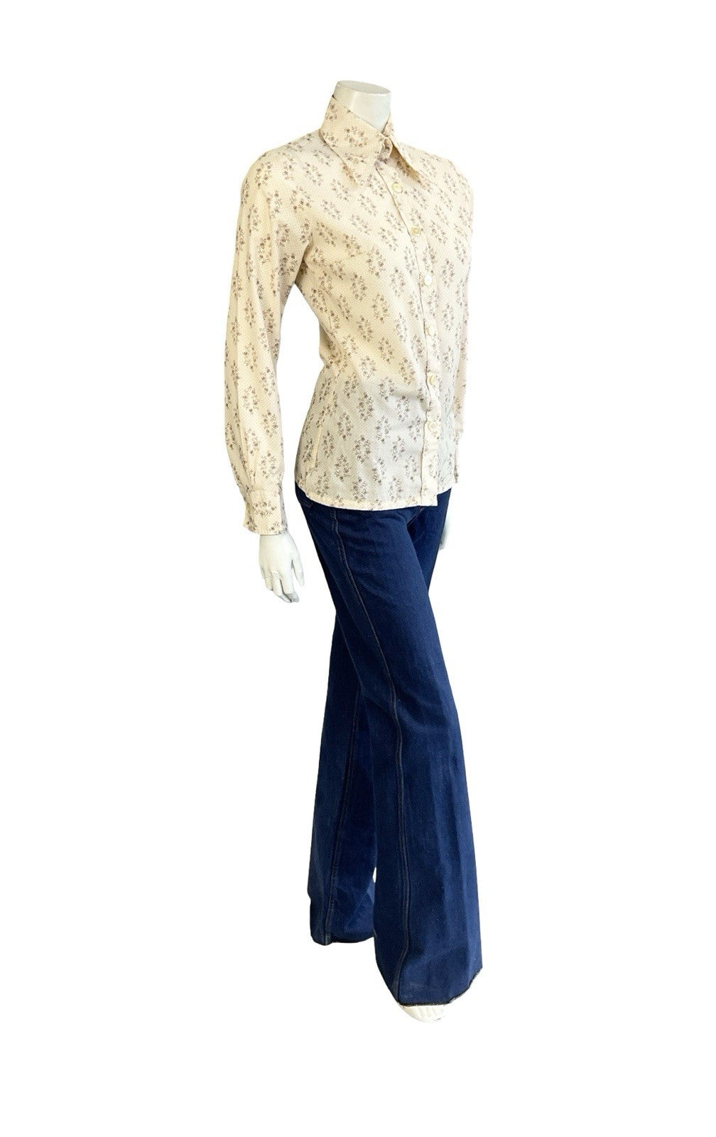 VTG 60S 70S MOD CREAM BROWN PSYCHEDELIC POLKA DOT DAGGER COLLAR SHIRT 8 S