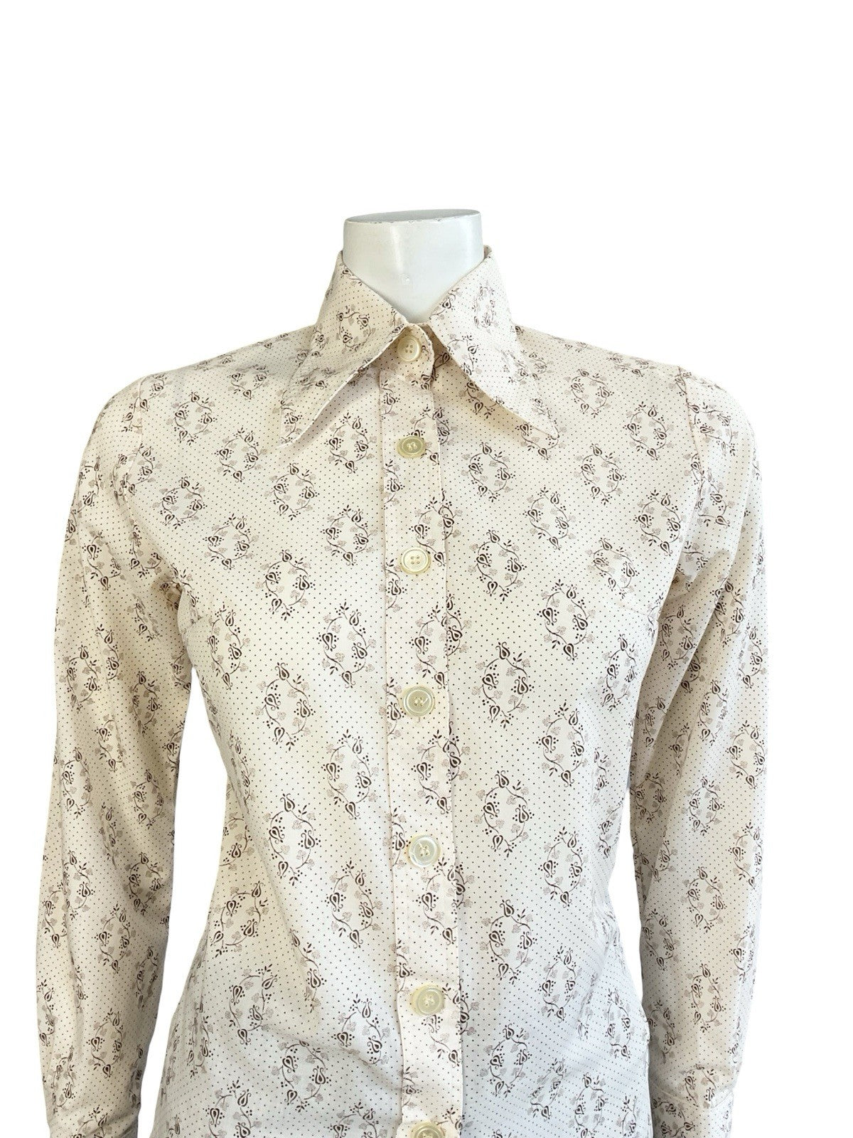 VTG 60S 70S MOD CREAM BROWN PSYCHEDELIC POLKA DOT DAGGER COLLAR SHIRT 8 S