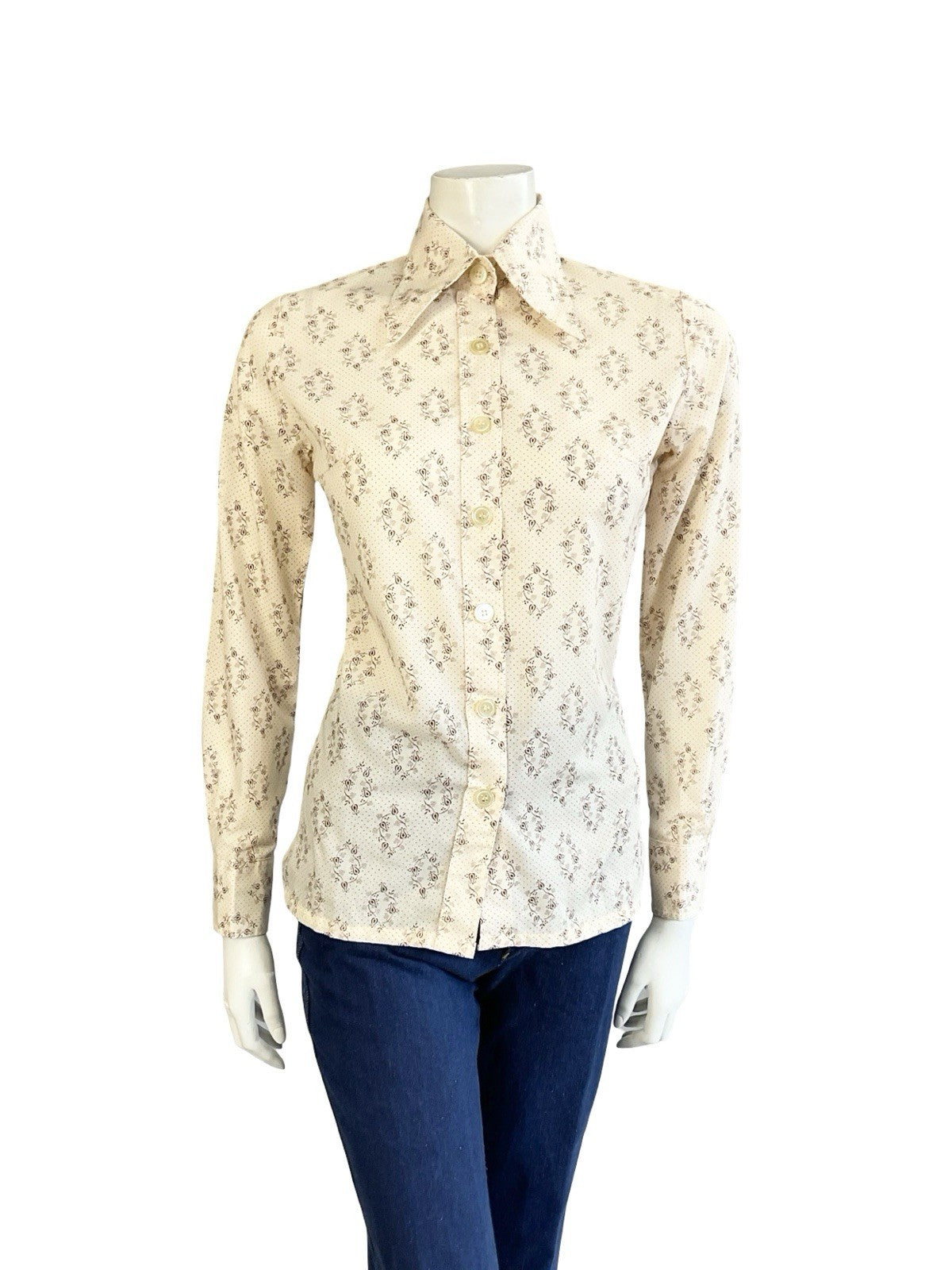VTG 60S 70S MOD CREAM BROWN PSYCHEDELIC POLKA DOT DAGGER COLLAR SHIRT 8 S