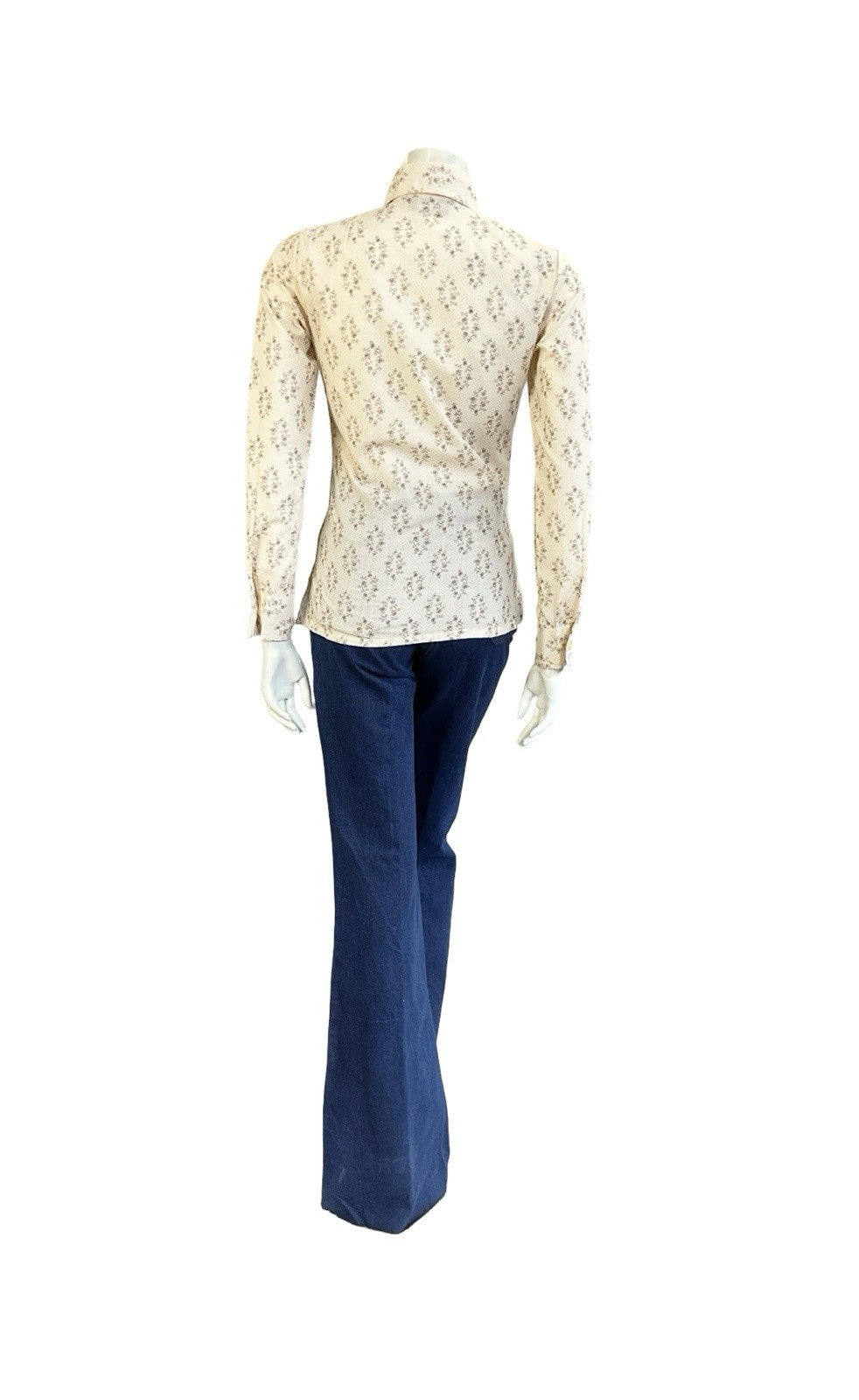 VTG 60S 70S MOD CREAM BROWN PSYCHEDELIC POLKA DOT DAGGER COLLAR SHIRT 8 S