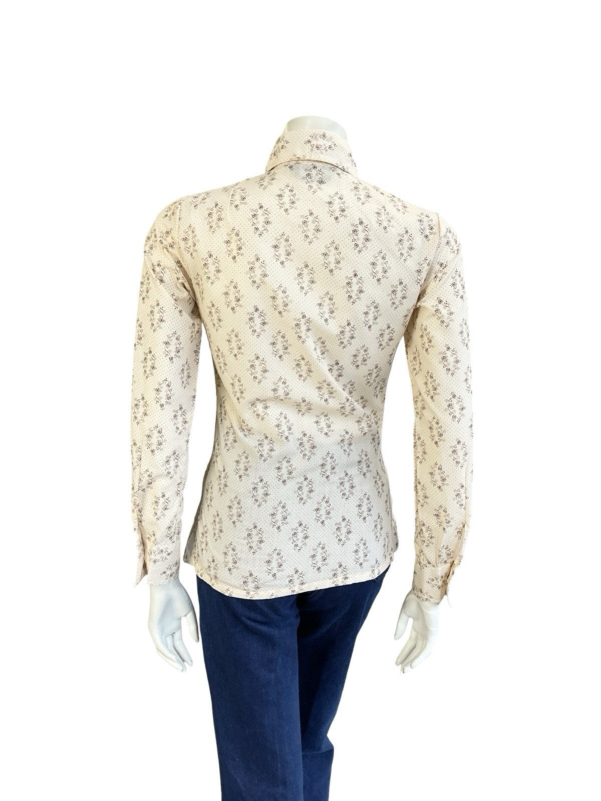 VTG 60S 70S MOD CREAM BROWN PSYCHEDELIC POLKA DOT DAGGER COLLAR SHIRT 8 S