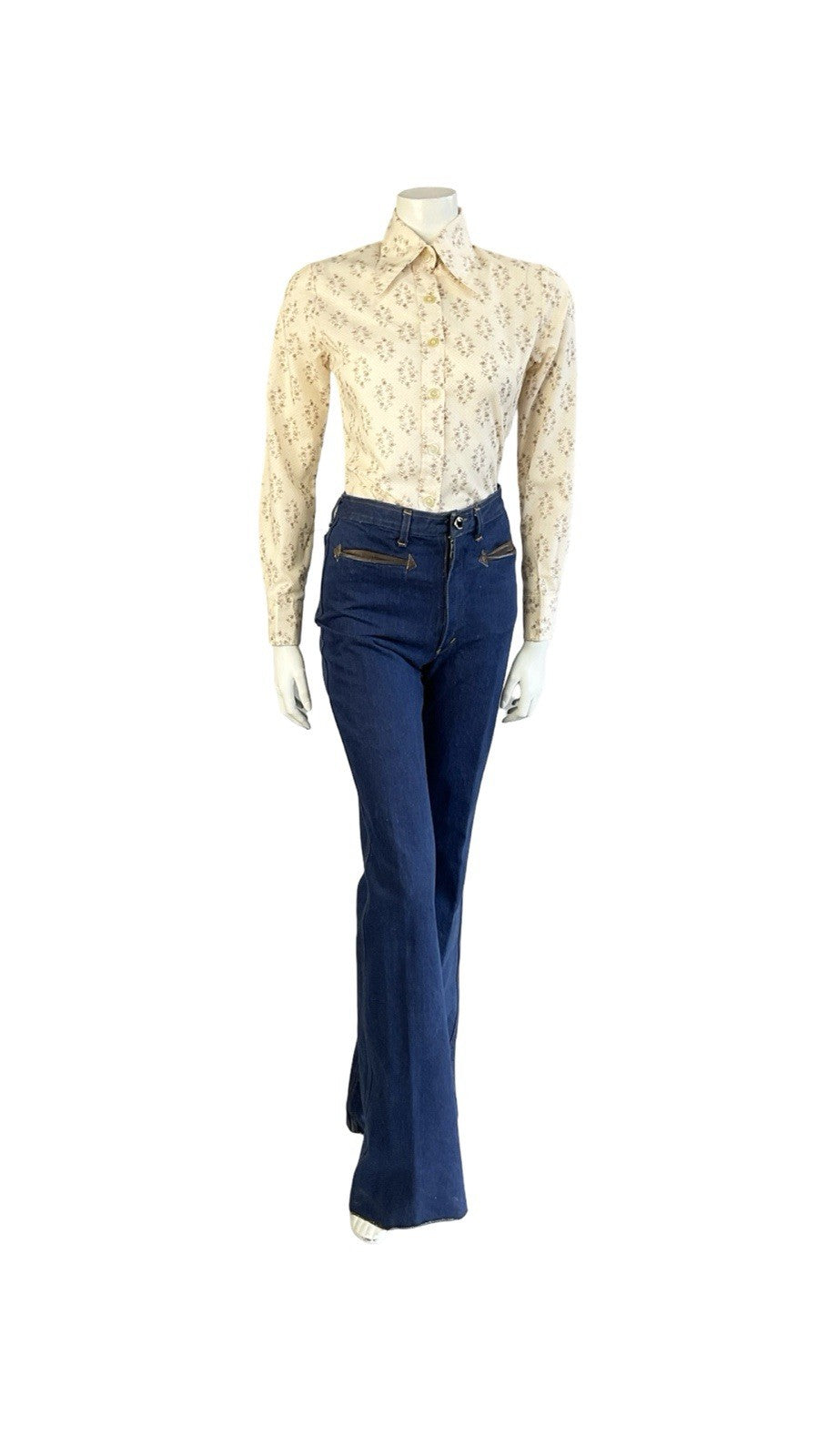 VTG 60S 70S MOD CREAM BROWN PSYCHEDELIC POLKA DOT DAGGER COLLAR SHIRT 8 S