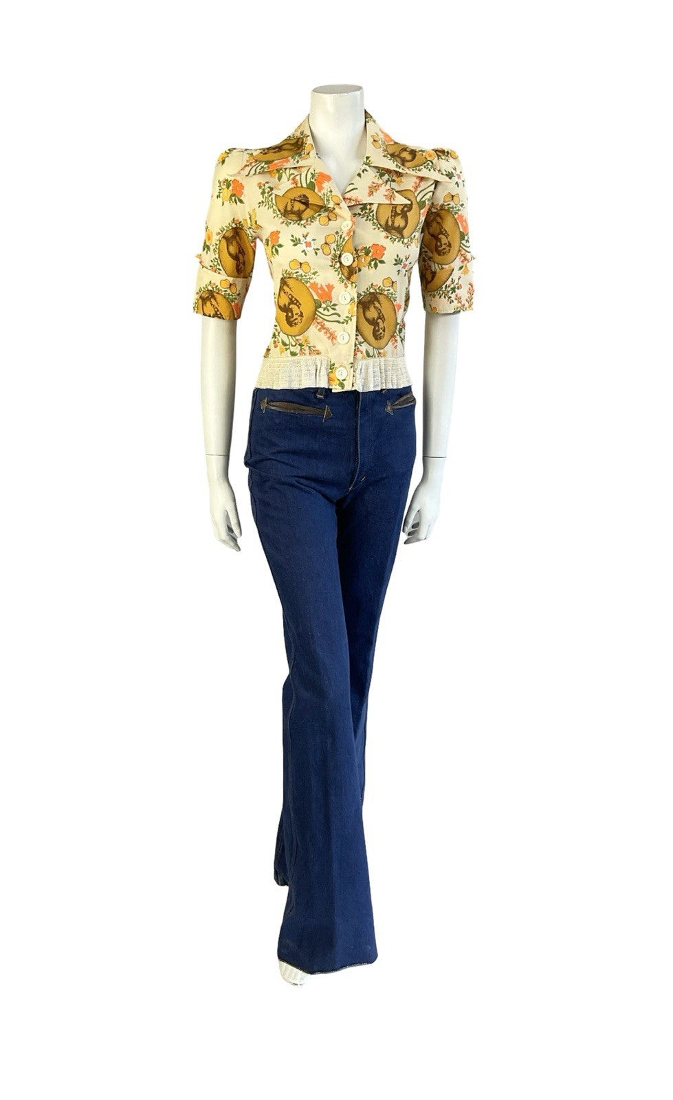 VTG 70S BEIGE ORANGE YELLOW ART DECO FLORAL NOTCH LAPEL DAGGER COLLAR SHIRT 12