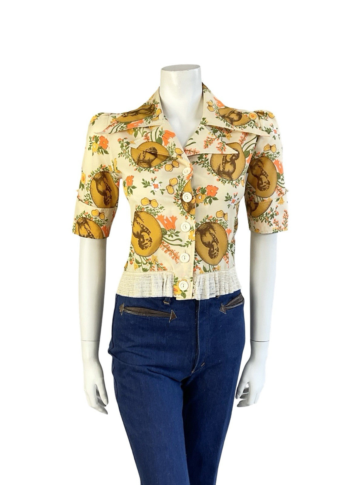VTG 70S BEIGE ORANGE YELLOW ART DECO FLORAL NOTCH LAPEL DAGGER COLLAR SHIRT 12