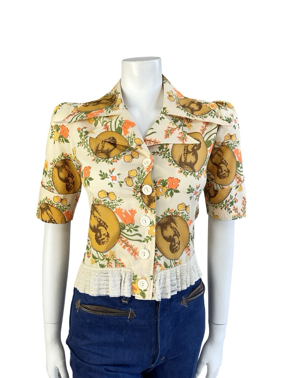 VTG 70S BEIGE ORANGE YELLOW ART DECO FLORAL NOTCH LAPEL DAGGER COLLAR SHIRT 12