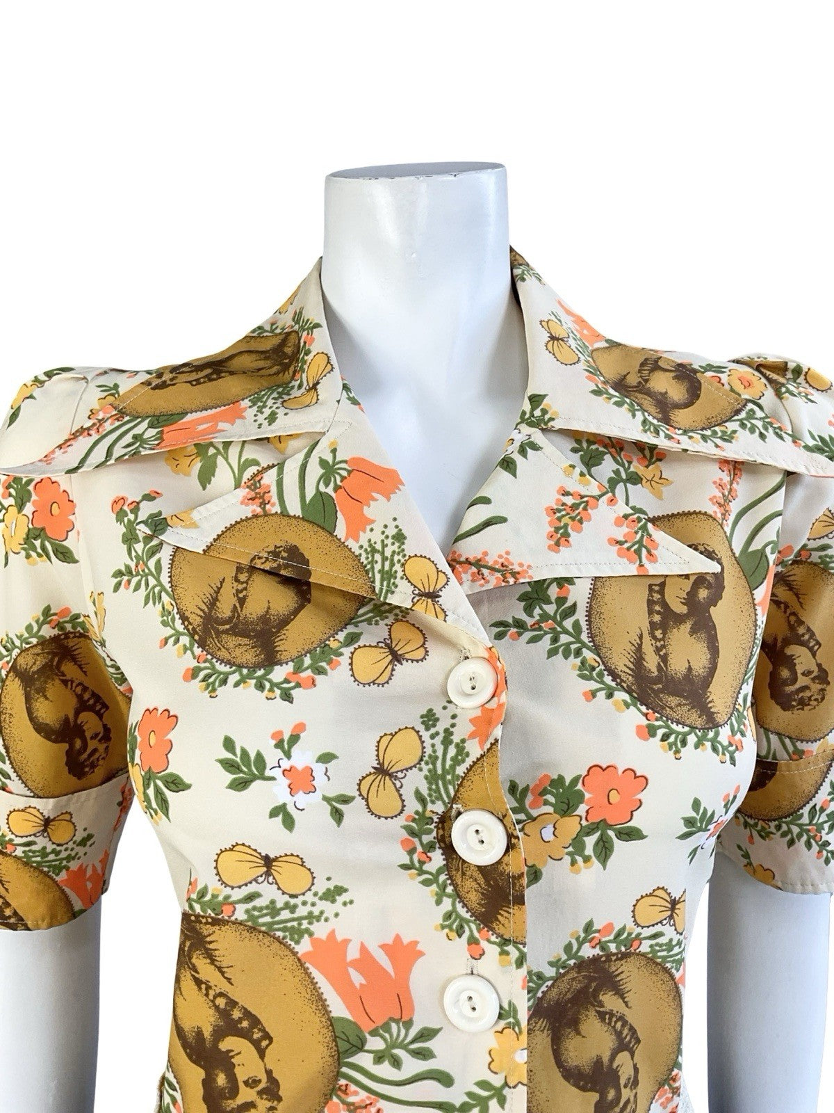 VTG 70S BEIGE ORANGE YELLOW ART DECO FLORAL NOTCH LAPEL DAGGER COLLAR SHIRT 12