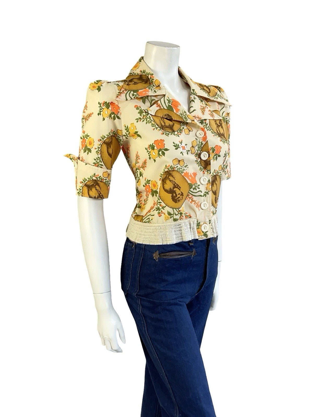 VTG 70S BEIGE ORANGE YELLOW ART DECO FLORAL NOTCH LAPEL DAGGER COLLAR SHIRT 12