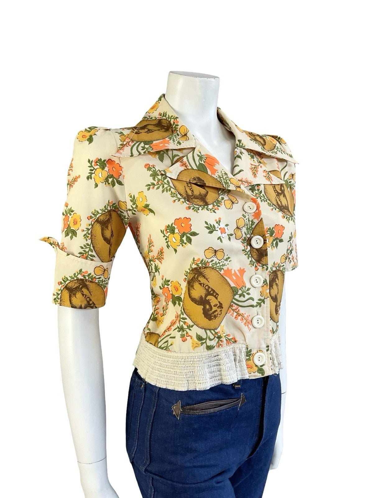VTG 70S BEIGE ORANGE YELLOW ART DECO FLORAL NOTCH LAPEL DAGGER COLLAR SHIRT 12