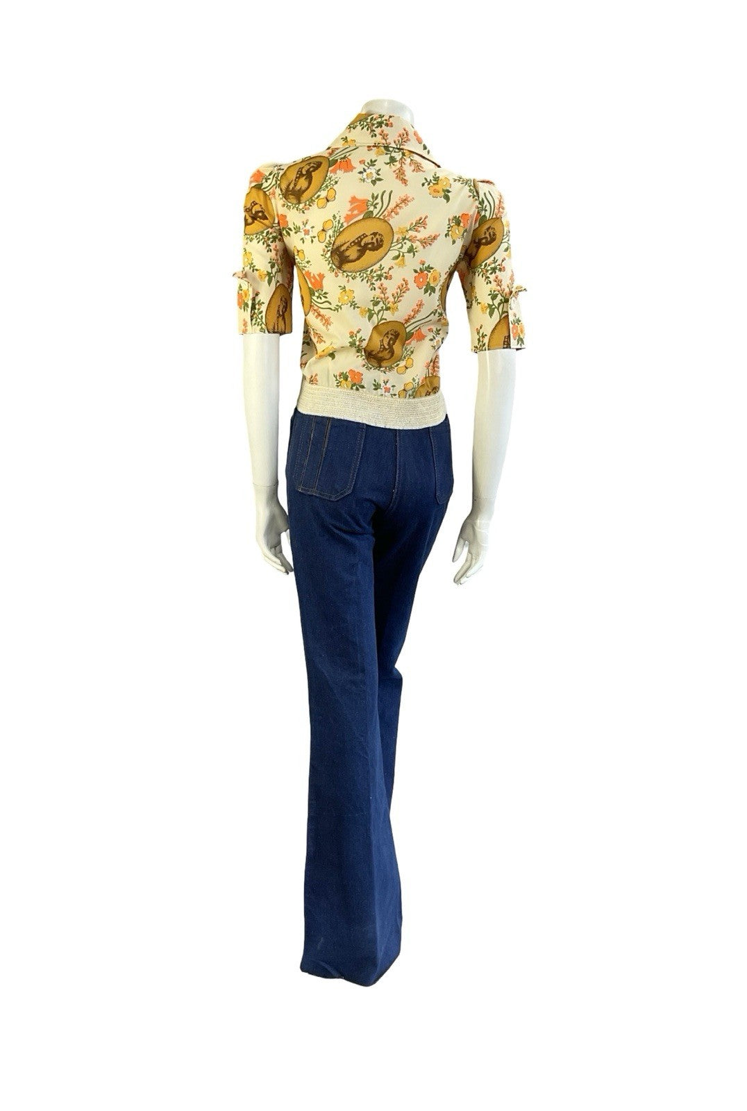VTG 70S BEIGE ORANGE YELLOW ART DECO FLORAL NOTCH LAPEL DAGGER COLLAR SHIRT 12