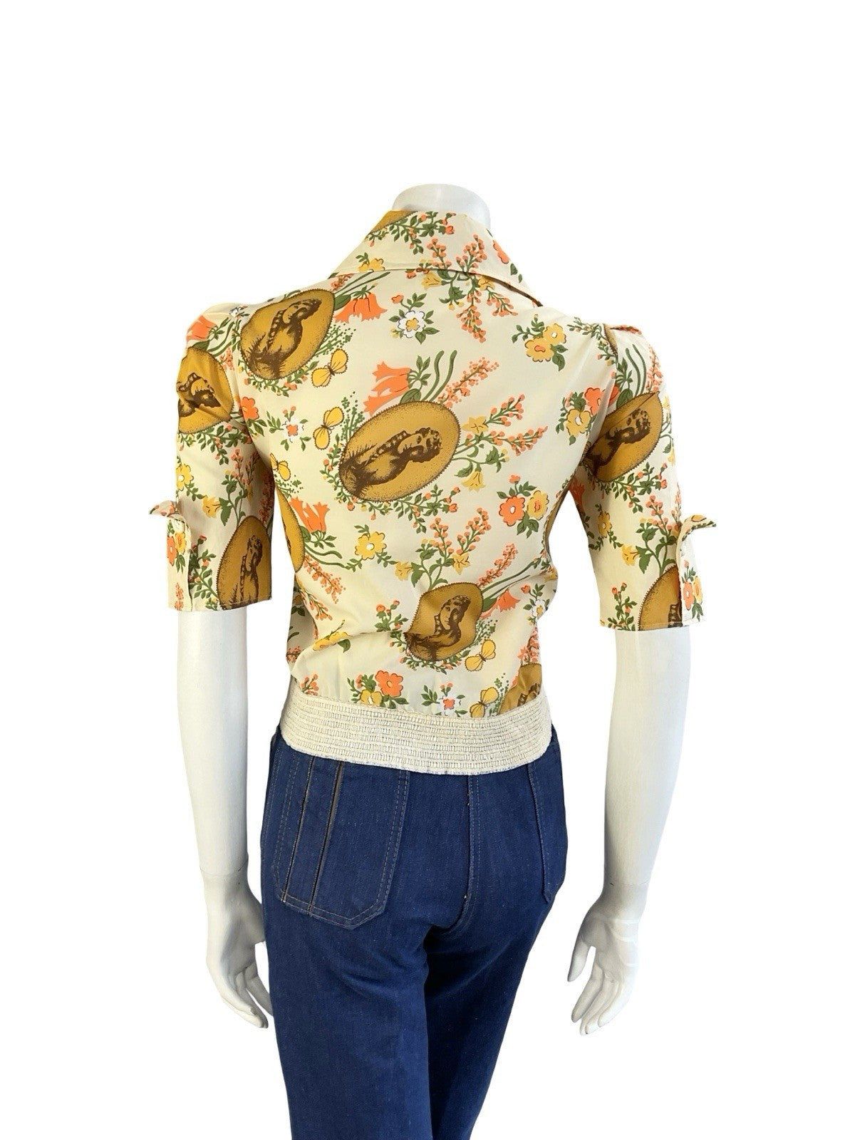 VTG 70S BEIGE ORANGE YELLOW ART DECO FLORAL NOTCH LAPEL DAGGER COLLAR SHIRT 12