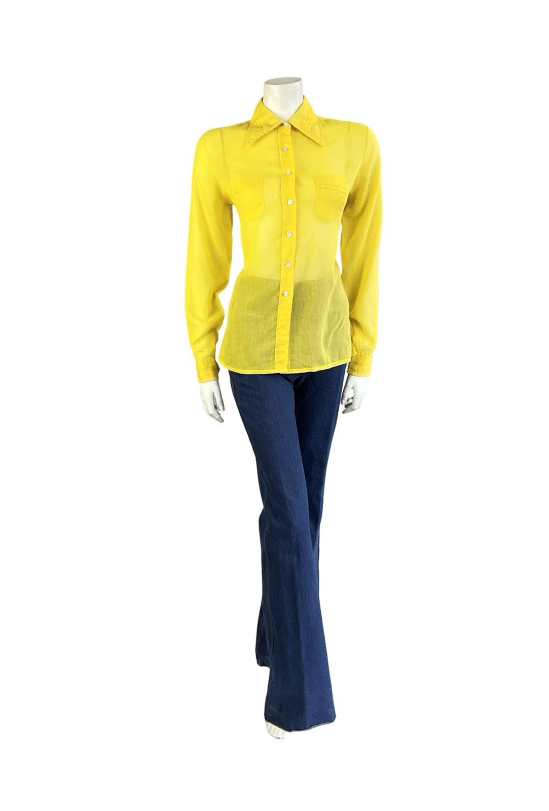 VTG 70S JEAN PHILLIPE MOD YELLOW MONOCHROME DAGGER COLLAR PLEATED SHIRT 14