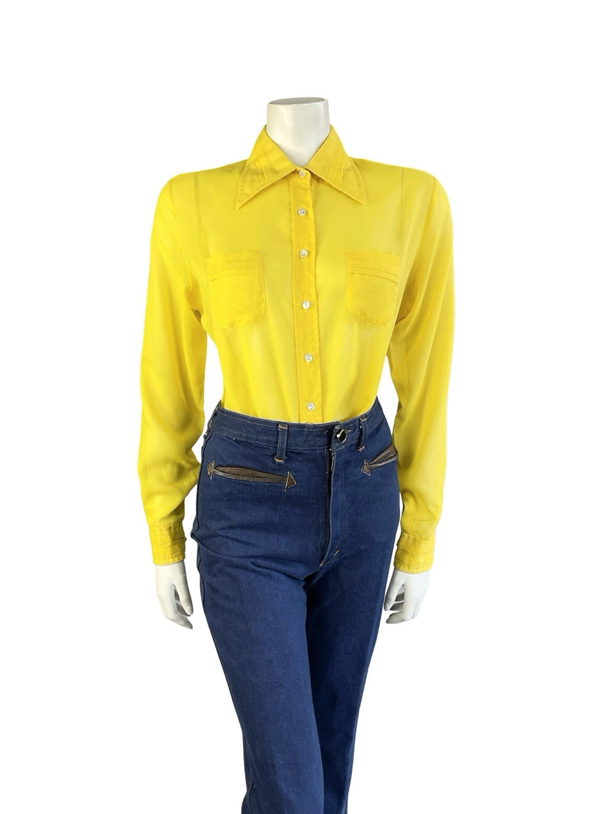 VTG 70S JEAN PHILLIPE MOD YELLOW MONOCHROME DAGGER COLLAR PLEATED SHIRT 14