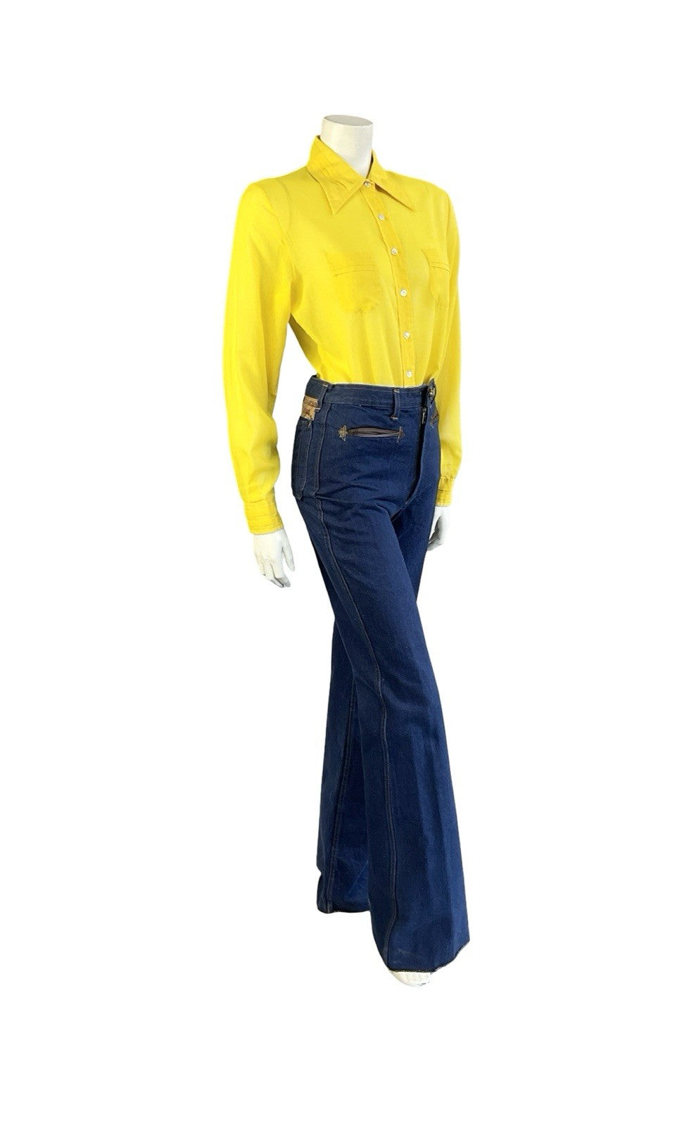 VTG 70S JEAN PHILLIPE MOD YELLOW MONOCHROME DAGGER COLLAR PLEATED SHIRT 14