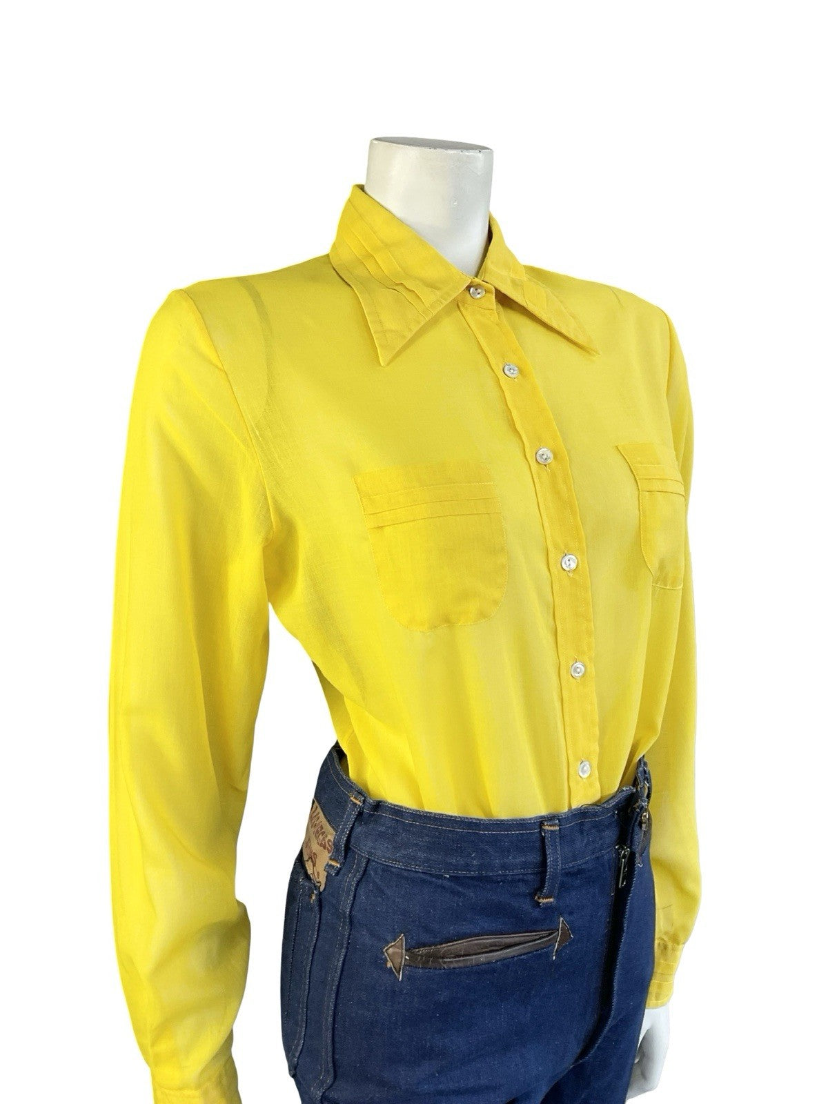 VTG 70S JEAN PHILLIPE MOD YELLOW MONOCHROME DAGGER COLLAR PLEATED SHIRT 14