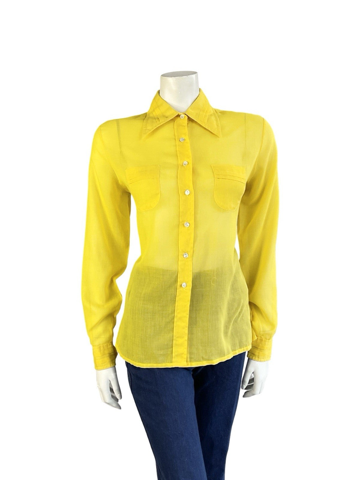 VTG 70S JEAN PHILLIPE MOD YELLOW MONOCHROME DAGGER COLLAR PLEATED SHIRT 14