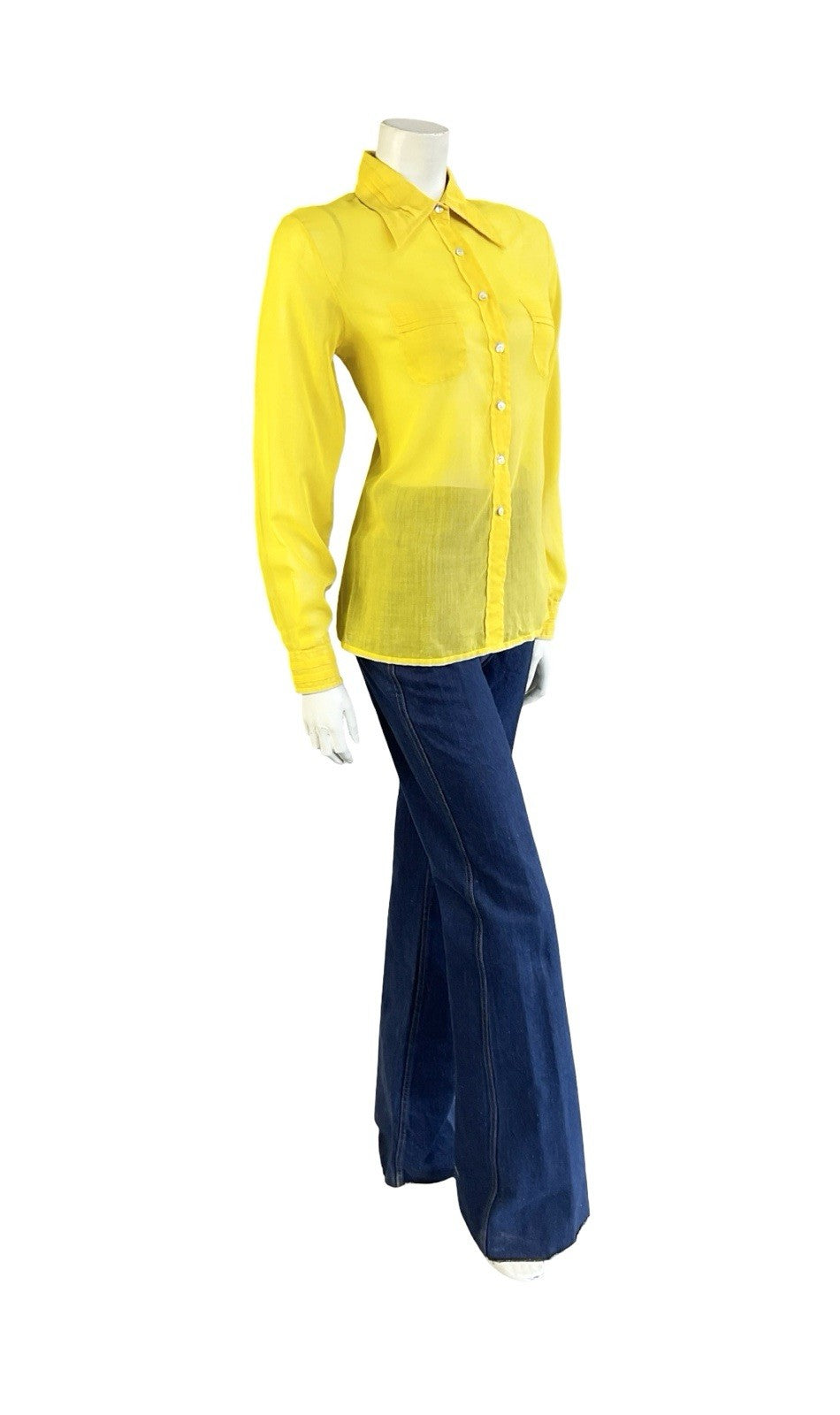 VTG 70S JEAN PHILLIPE MOD YELLOW MONOCHROME DAGGER COLLAR PLEATED SHIRT 14