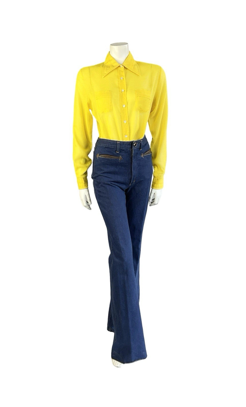 VTG 70S JEAN PHILLIPE MOD YELLOW MONOCHROME DAGGER COLLAR PLEATED SHIRT 14