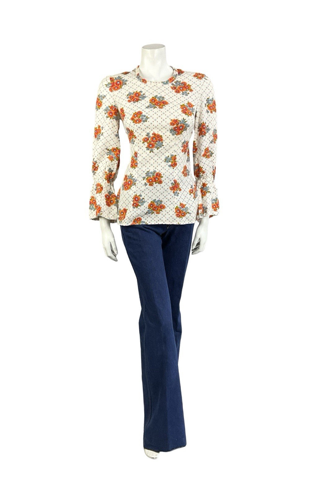 VTG 70S WHITE ORANGE BLUE FLORAL POLKA DOT FLARED SLEEVE BOHO HIPPY BLOUSE 8