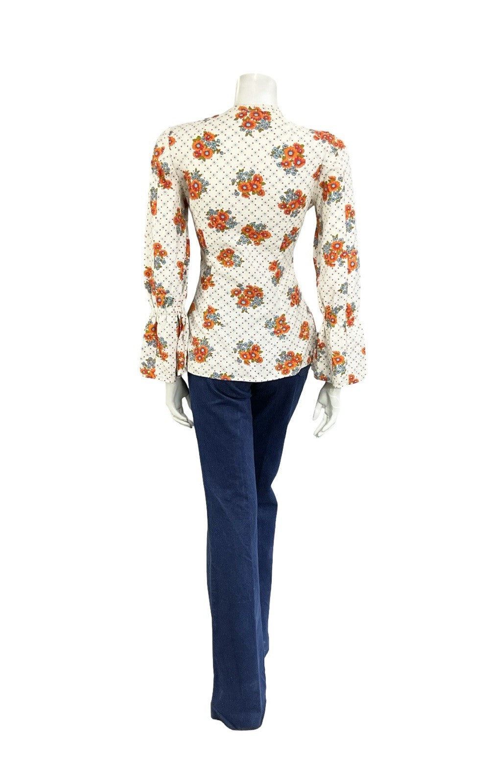 VTG 70S WHITE ORANGE BLUE FLORAL POLKA DOT FLARED SLEEVE BOHO HIPPY BLOUSE 8