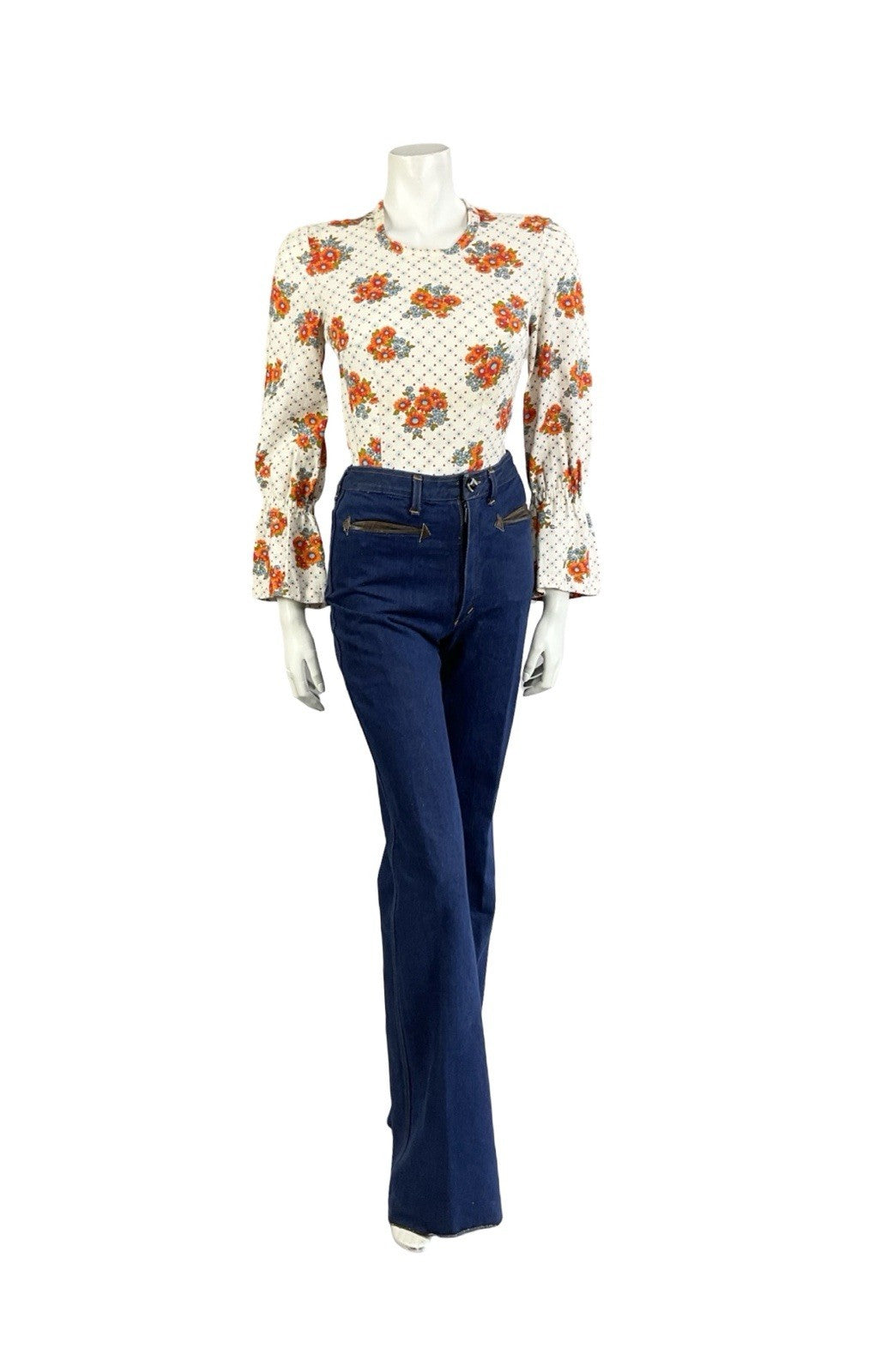 VTG 70S WHITE ORANGE BLUE FLORAL POLKA DOT FLARED SLEEVE BOHO HIPPY BLOUSE 8