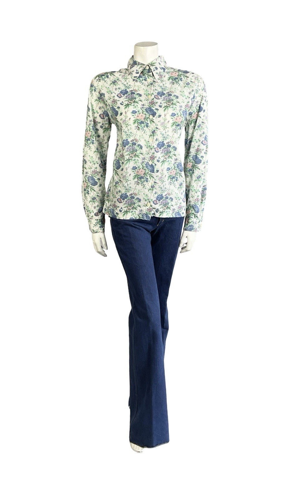 VTG 60S 70S WHITE BLUE PURPLE PINK FLORAL ROSE DAGGER COLLAR MOD SHIRT 10