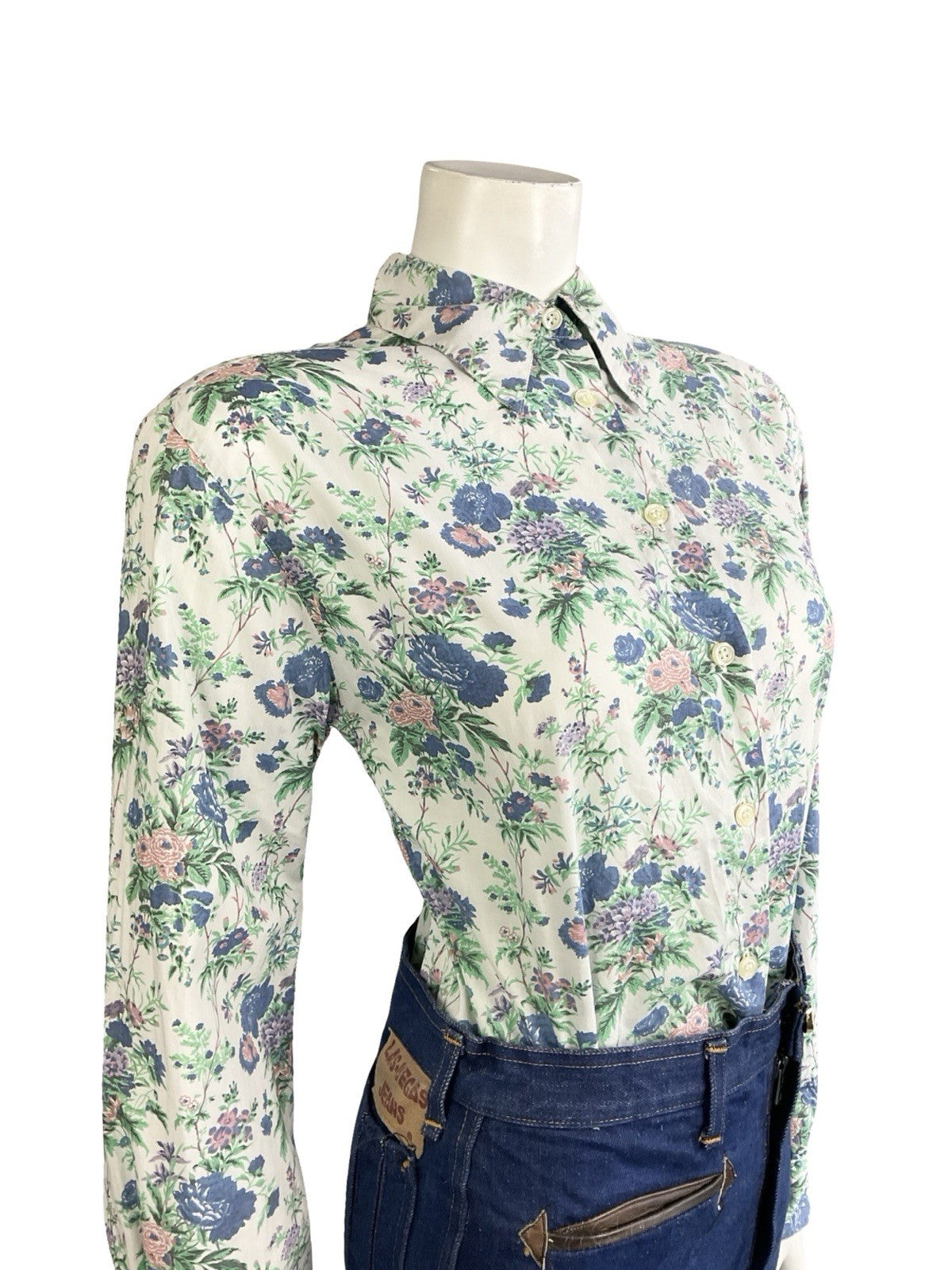 VTG 60S 70S WHITE BLUE PURPLE PINK FLORAL ROSE DAGGER COLLAR MOD SHIRT 10