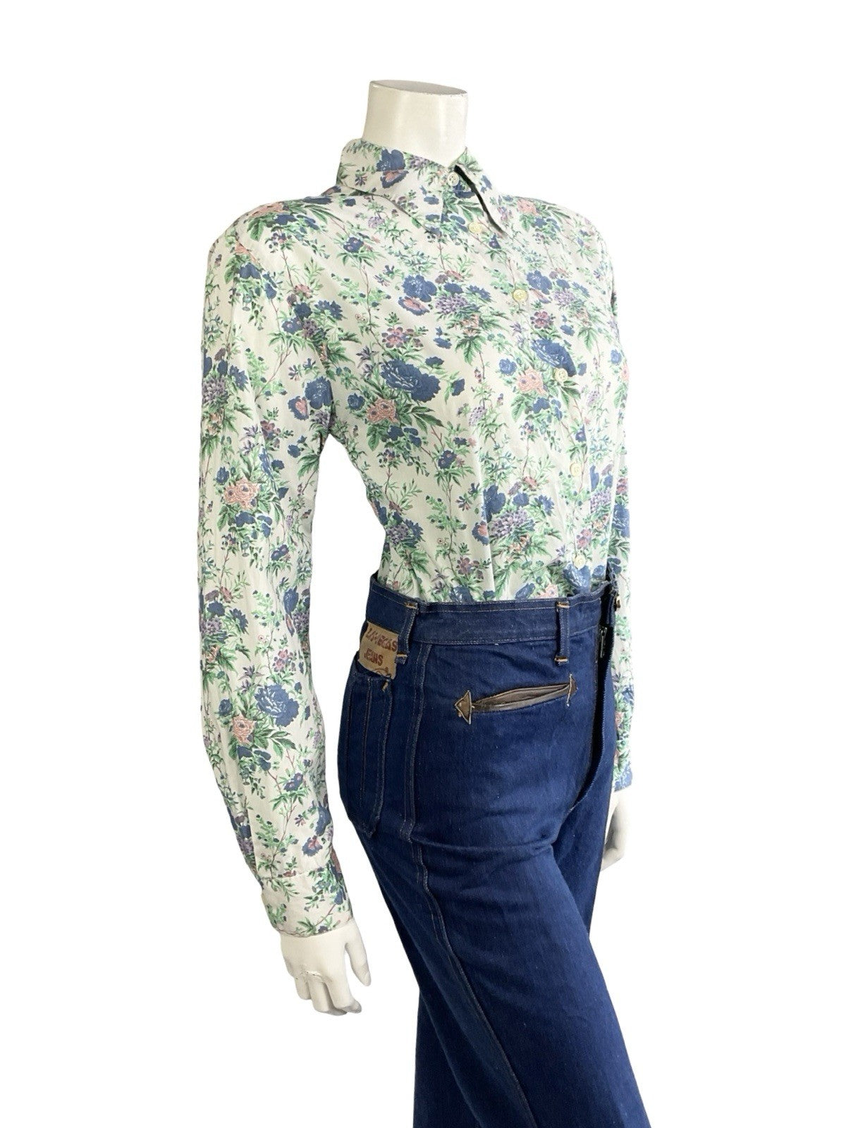 VTG 60S 70S WHITE BLUE PURPLE PINK FLORAL ROSE DAGGER COLLAR MOD SHIRT 10