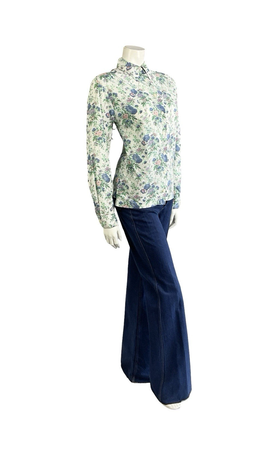 VTG 60S 70S WHITE BLUE PURPLE PINK FLORAL ROSE DAGGER COLLAR MOD SHIRT 10