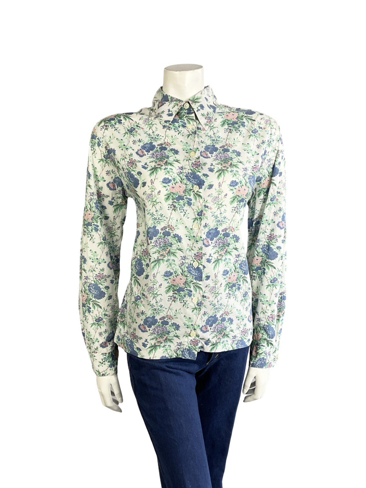 VTG 60S 70S WHITE BLUE PURPLE PINK FLORAL ROSE DAGGER COLLAR MOD SHIRT 10