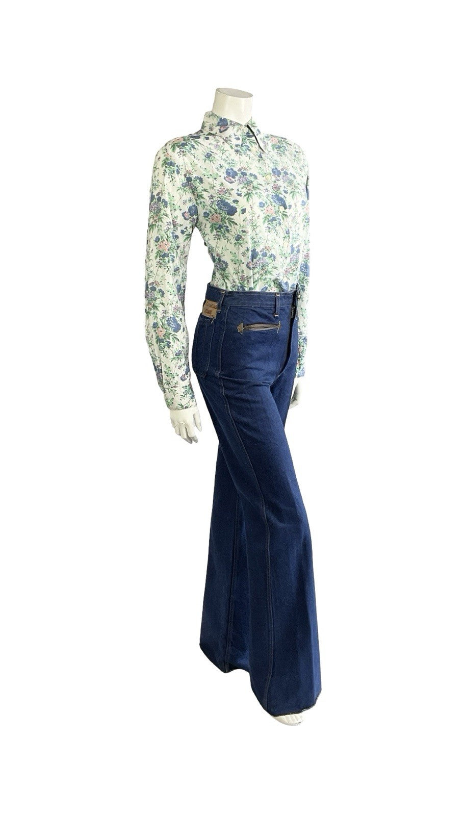 VTG 60S 70S WHITE BLUE PURPLE PINK FLORAL ROSE DAGGER COLLAR MOD SHIRT 10
