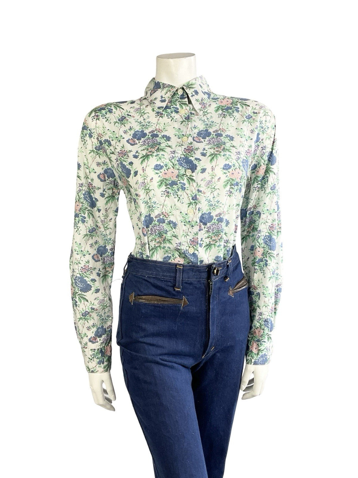 VTG 60S 70S WHITE BLUE PURPLE PINK FLORAL ROSE DAGGER COLLAR MOD SHIRT 10