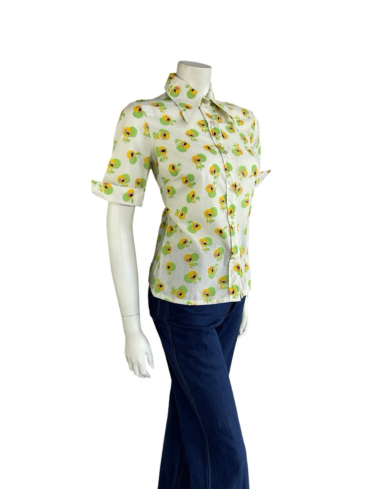 VTG 70S WHITE YELLOW GREEN FLORAL DAGGER COLLAR SHORT NEAPOLITAN SHIRT 12 14 M