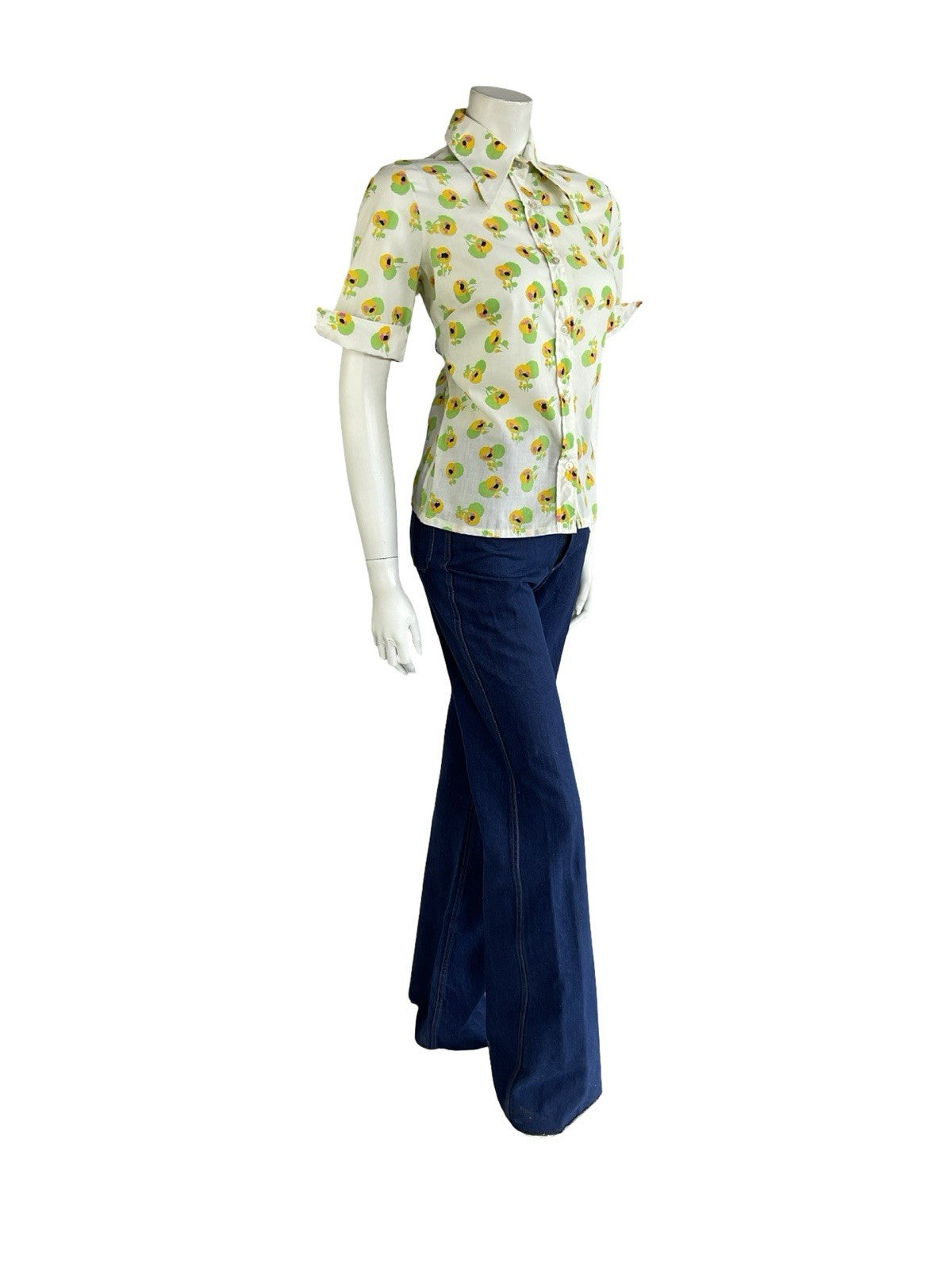 VTG 70S WHITE YELLOW GREEN FLORAL DAGGER COLLAR SHORT NEAPOLITAN SHIRT 12 14 M