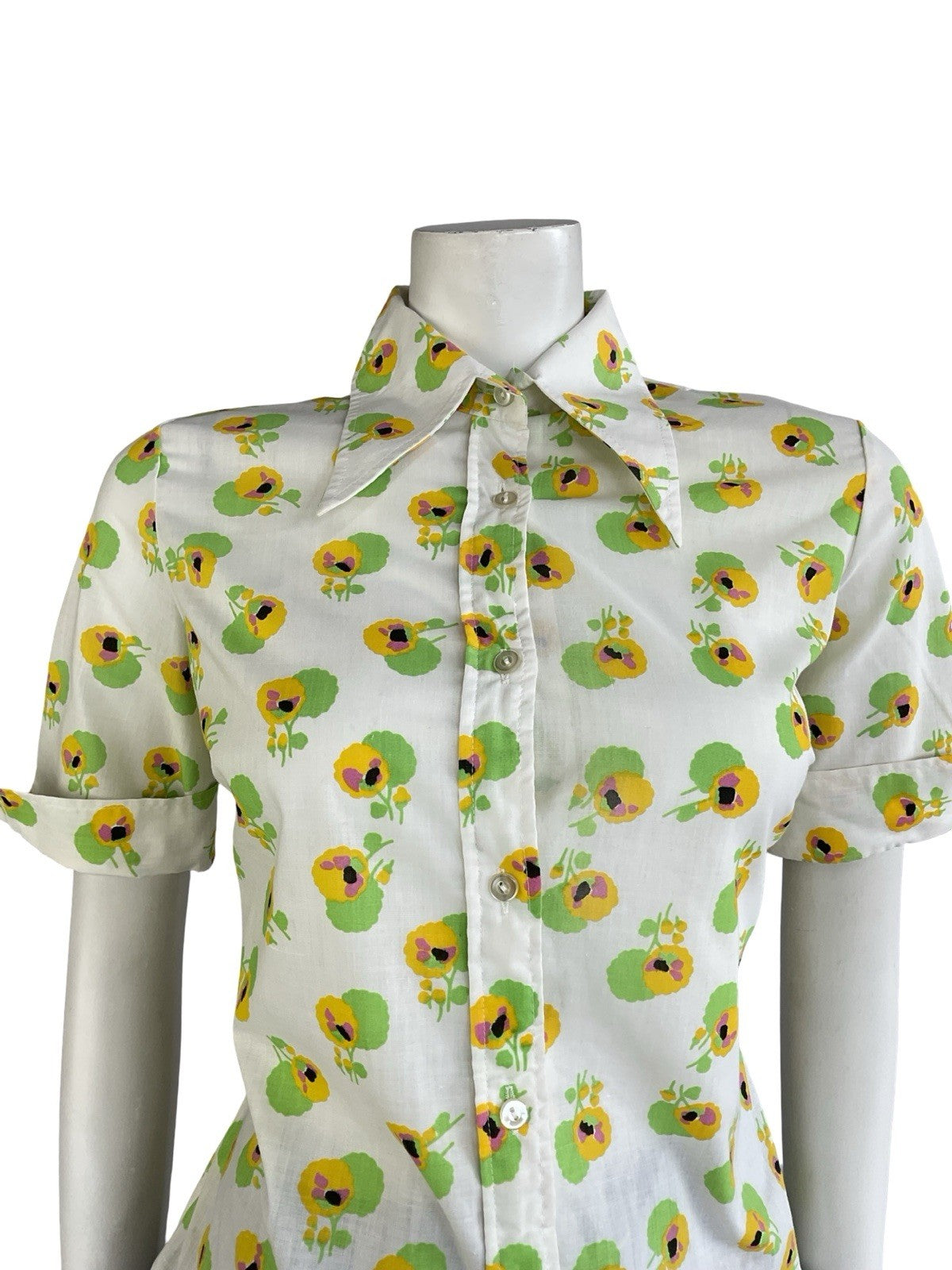 VTG 70S WHITE YELLOW GREEN FLORAL DAGGER COLLAR SHORT NEAPOLITAN SHIRT 12 14 M