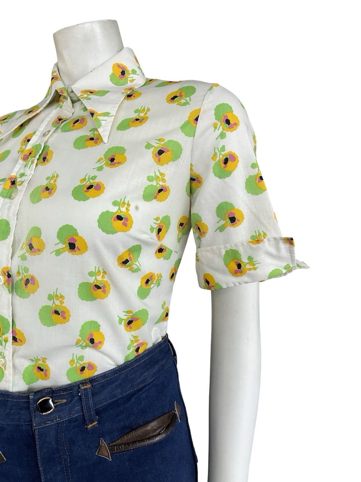 VTG 70S WHITE YELLOW GREEN FLORAL DAGGER COLLAR SHORT NEAPOLITAN SHIRT 12 14 M