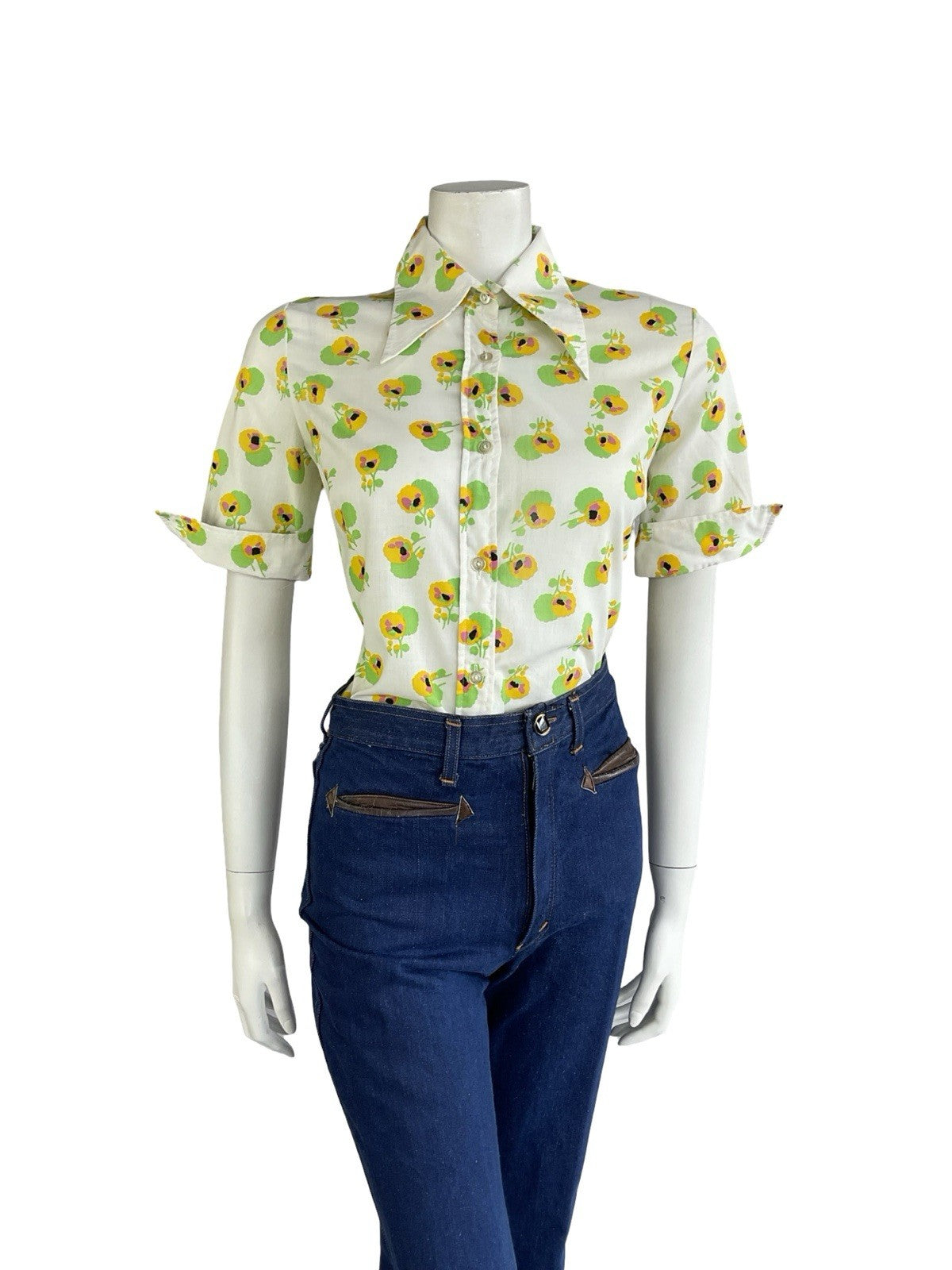VTG 70S WHITE YELLOW GREEN FLORAL DAGGER COLLAR SHORT NEAPOLITAN SHIRT 12 14 M
