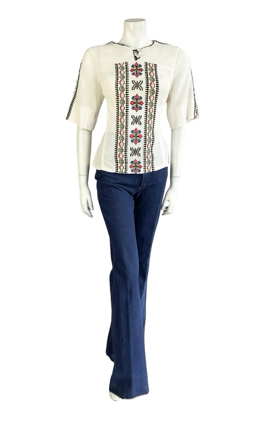 VTG 60S 70S IVORY BLACK YELLOW GREEN PINK EMBROIDERED FOLK COTTON BLOUSE 10